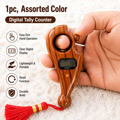Wooden digital tally counter held in a hand with product features listed.