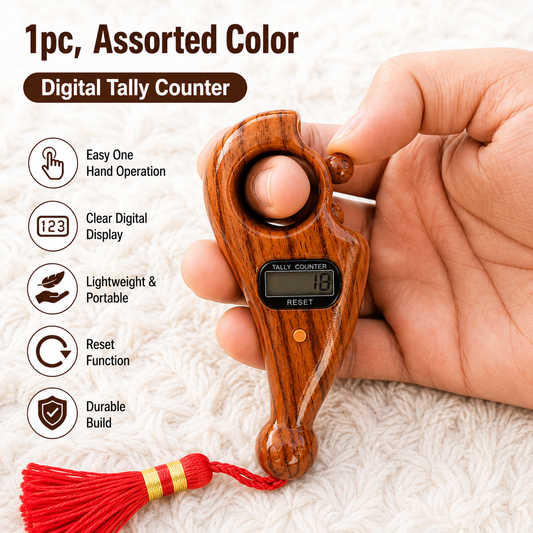 Wooden digital tally counter held in a hand with product features listed.