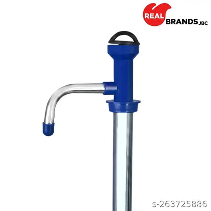 A manual water pump with a blue plastic handle and a curved stainless steel spout, shown against a plain white background with a 'REAL BRANDS JBC' logo in the top right.