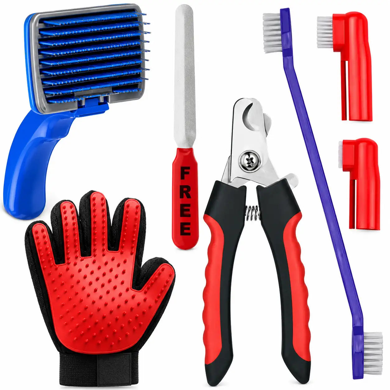 A pet grooming kit with multiple tools on a white background: a blue grooming brush, a red-and-black grooming glove, nail clippers with a red-handled metal file, a purple cleaning brush, and two red brush head attachments.