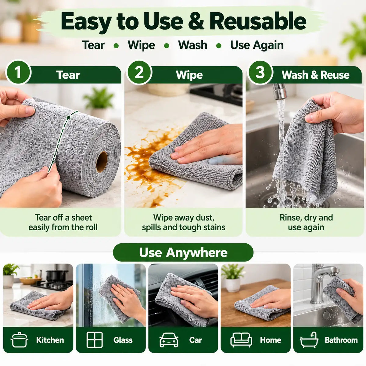 Microfiber Cleaning Cloth Roll – 20 Reusable & Washable Paper Towel Sheets