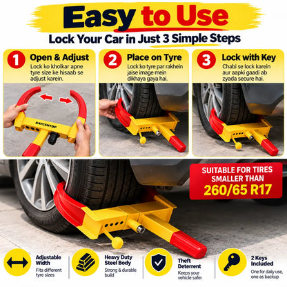 A yellow and red tire lock shown in a multi-panel instructional graphic with three steps: open and adjust, place on the tire, and lock with the key. The graphic includes photos of hands using the device on a car wheel, text noting suitability for tires smaller than 260/65 R17, and feature icons for adjustable width, heavy-duty steel body, theft deterrent, and included keys.