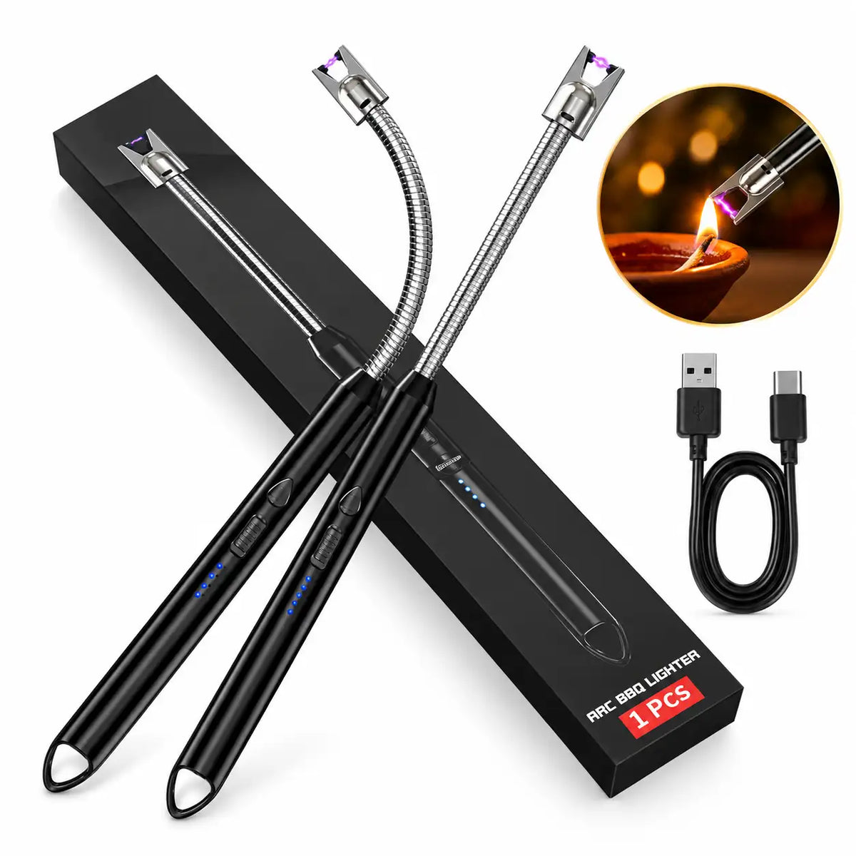 Two black electric fire ring lighters with flexible metal necks and USB charging cables, displayed with a black retail box on a white background. An inset circle shows the lighter in use with a flame.