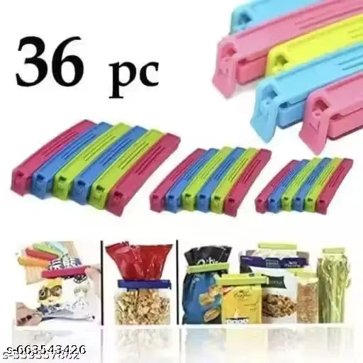 A set of 36 reusable plastic food storage bag sealers shown in multiple bright colors including pink, blue, green, and yellow. The image features the text '36 pc' and several small demonstration photos at the bottom showing the sealers being used to seal various food items like nuts, pasta, and packaged snacks.