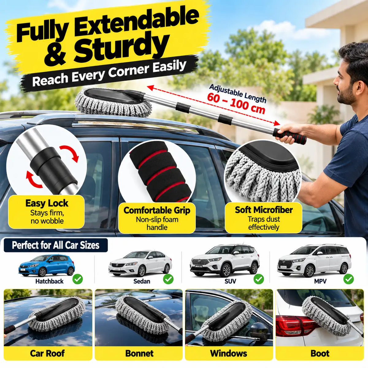 A promotional graphic for an extendable car roof brush. A man is shown using the brush on a car roof in an outdoor setting, with text highlighting features like 'Fully Extendable & Sturdy' and 'Reach Every Corner Easily.