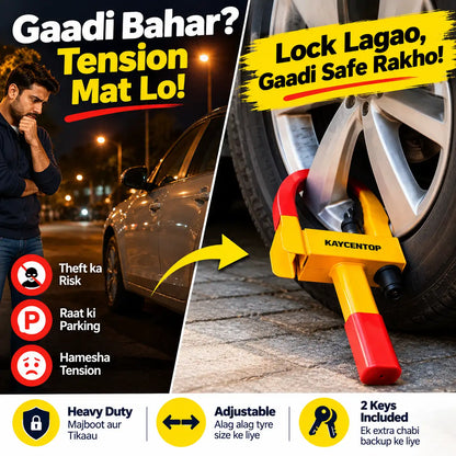 A Kaycentop tension mat tire lock shown in a split promotional graphic. The right side shows the yellow and red lock attached to a car wheel on pavement, with text highlighting key features.