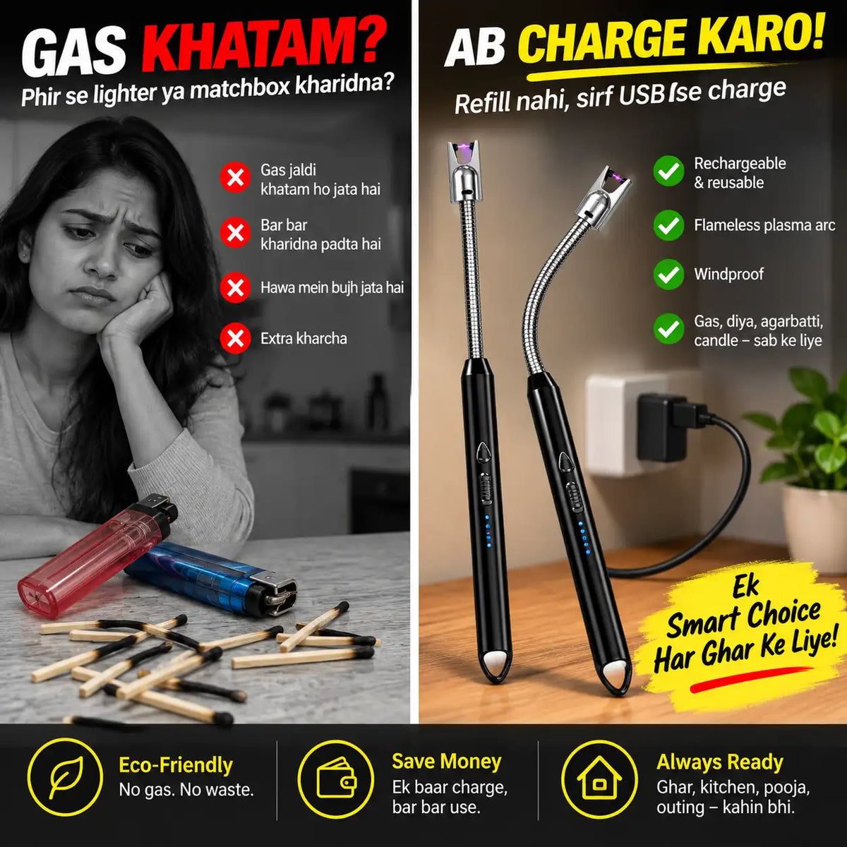 A promotional split-panel graphic for a USB-refillable lighter. The left panel is grayscale with a woman looking concerned and several lighter tips scattered on a table, with Hindi text questioning gas/lighter alternatives.