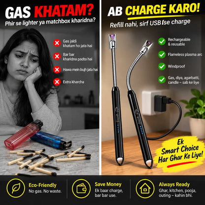 A promotional split-panel graphic for a USB-refillable lighter. The left panel is grayscale with a woman looking concerned and several lighter tips scattered on a table, with Hindi text questioning gas/lighter alternatives.