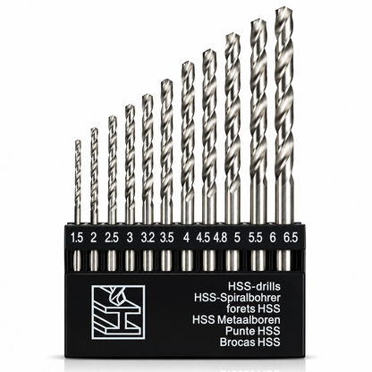 Set of HSS drills in a black holder with size markings on a white background
