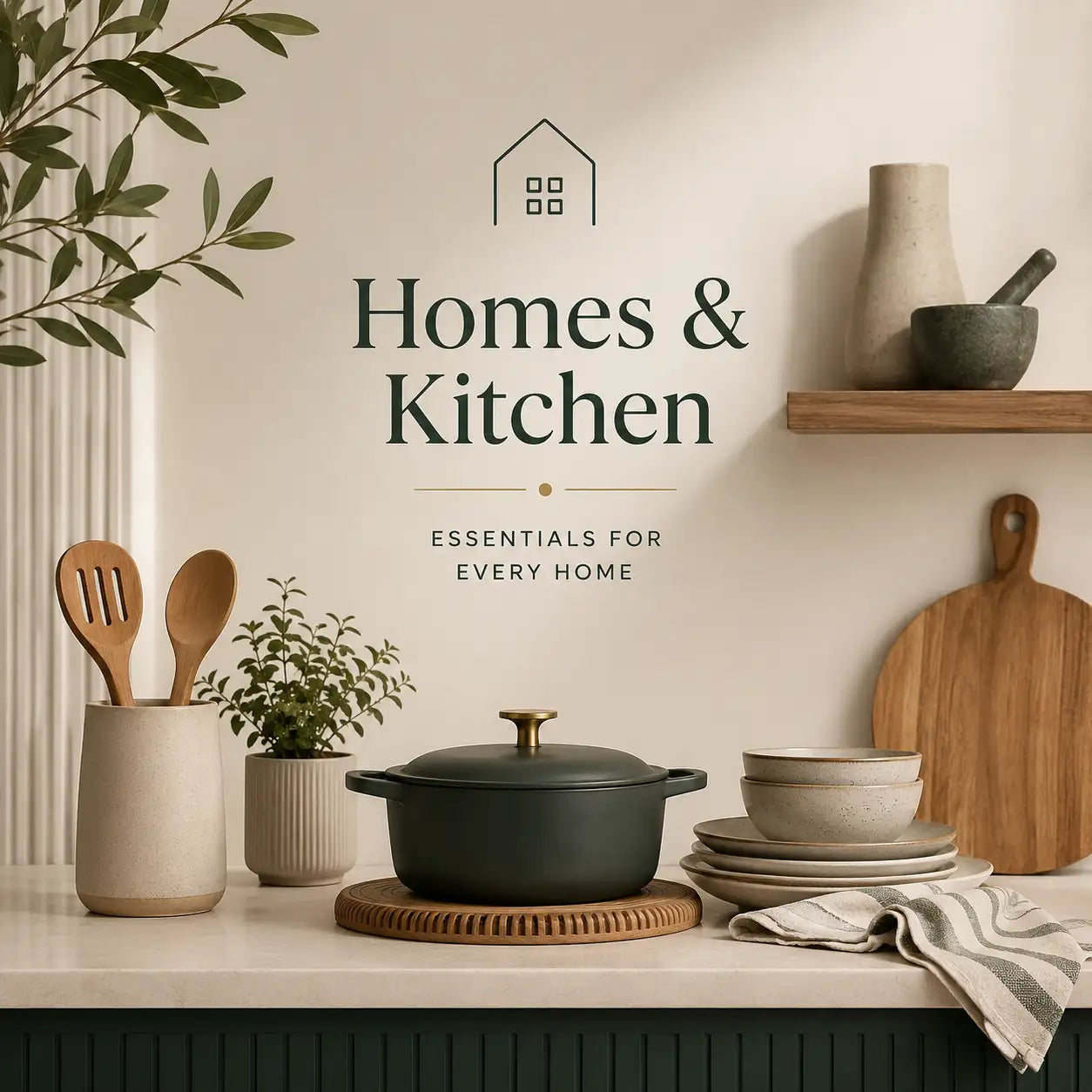A styled kitchen scene with a dark green lidded pot on a wooden trivet, stacked bowls and plates, wooden utensils, a small potted plant, shelves with vases, and a cutting board against a cream wall with the text 'Homes & Kitchen Essentials for Every Home'.