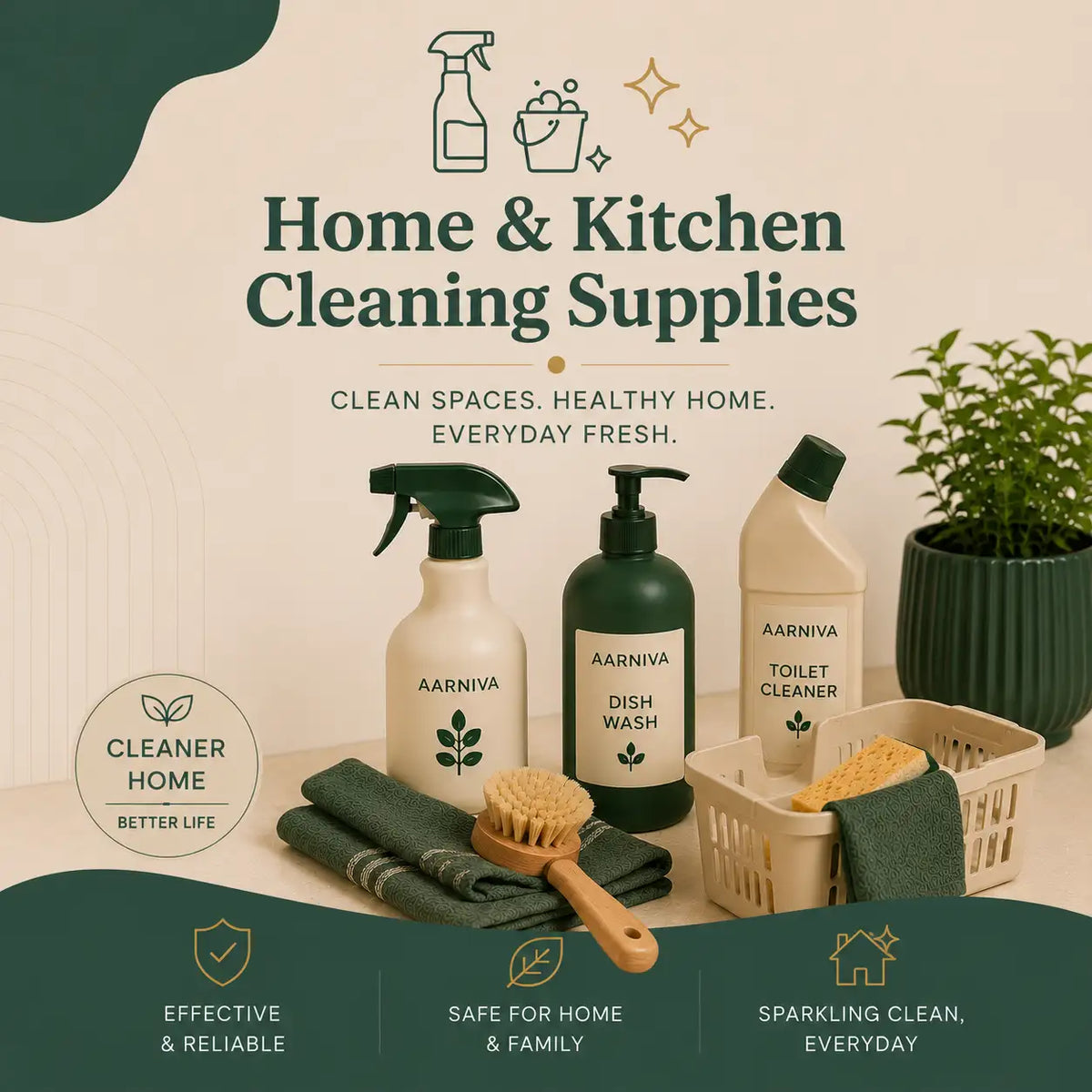 A set of Aarniva home and kitchen cleaning supplies arranged on a beige surface with a dark green background. The products include a spray bottle, a dish wash bottle, a toilet cleaner bottle, folded green towels, a wooden-handled brush, a small basket with a sponge, and a potted plant.