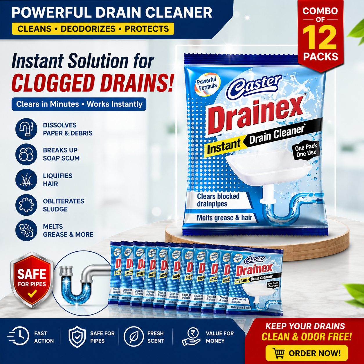 Instant Drain Cleaner Powder (50g x 12 Packs)