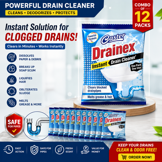 Promotional graphic for Caster Drainex Instant Drain Cleaner, showing a large blue packet, a row of smaller packets, a drain cleaner bottle, and multiple pack icons on a light background with feature icons and text. Visible brand is Caster Drainex.