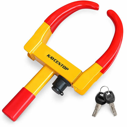 A Kaycentop U-shaped car wheel lock with a yellow and red design, shown with two keys on a plain white background.