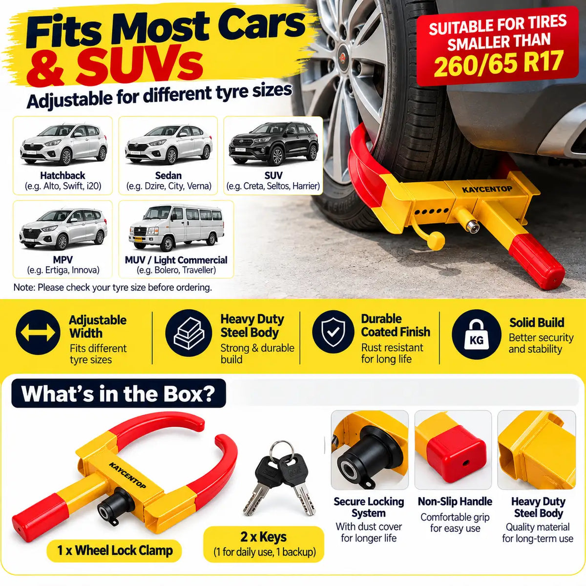 A heavy-duty wheel lock clamp in red and yellow, shown mounted on a car tire with text overlays explaining compatibility with cars and SUVs, and a 'What's in the Box?' section showing the included items.