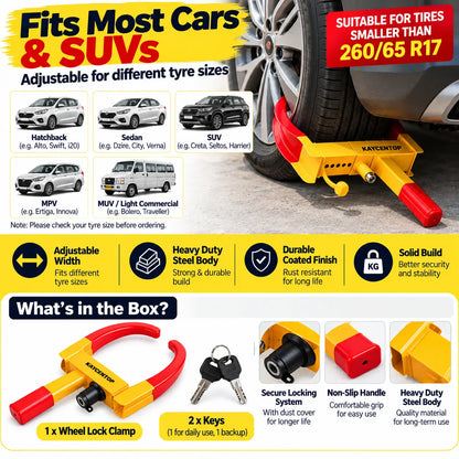 A heavy-duty wheel lock clamp in red and yellow, shown mounted on a car tire with text overlays explaining compatibility with cars and SUVs, and a 'What's in the Box?' section showing the included items.