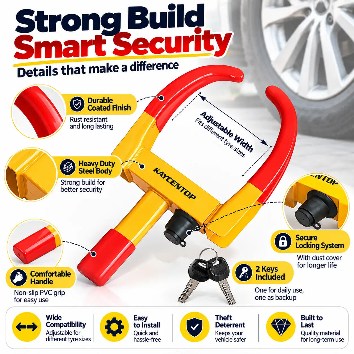 A Kayentop tire tire iron lock shown on a white background with multiple callout graphics and text explaining features such as durable coated finish, heavy duty steel body, adjustable width, secure locking system, and included keys.
