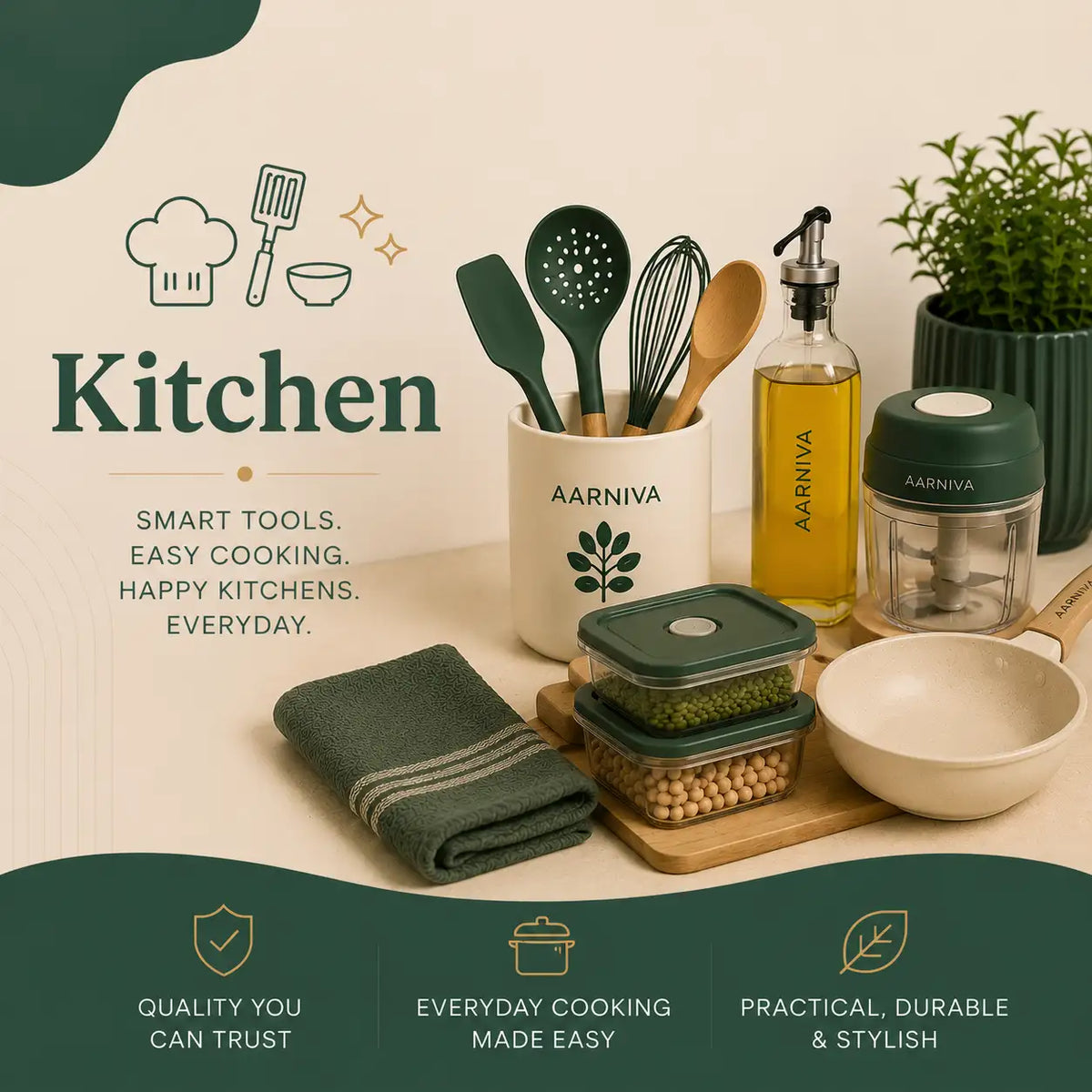 A styled kitchen scene with multiple Aarniva branded containers and utensils, including a green-and-white jar, a small food chopper, stacked clear containers with green lids, a folded green towel, wooden spoons in a cream holder, and a bottle of oil. The scene is set on a light beige surface with a dark green decorative banner at the bottom and large 'Kitchen' text on the left.
