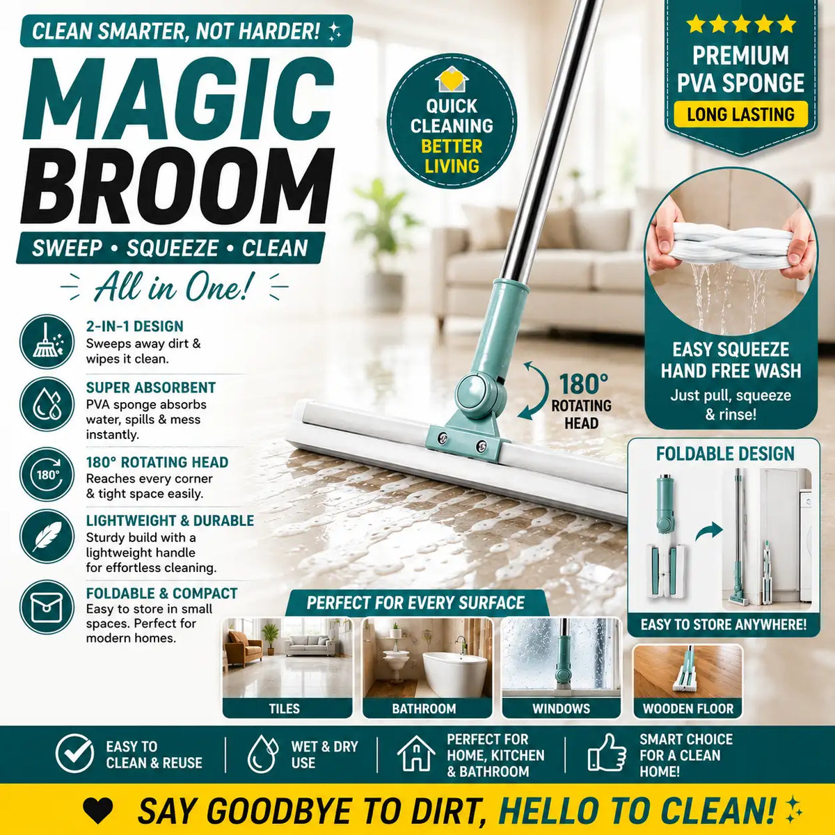 A Magic Broom floor cleaner shown in a real home setting with a white floor and a person's hands demonstrating the easy squeeze hand-free wash feature. The product is a foldable, light-weight, 180-degree rotating head broom with a teal handle and white sponge head.