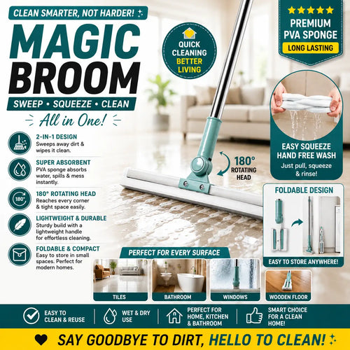 A Magic Broom floor cleaner shown in a real home setting with a white floor and a person's hands demonstrating the easy squeeze hand-free wash feature. The product is a foldable, light-weight, 180-degree rotating head broom with a teal handle and white sponge head.