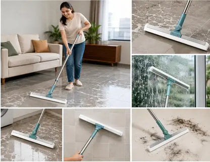 A collage showing a teal and white flat floor sweeper/mop being used in a living room, on a tiled floor, on a window, and on a carpeted floor with dirt and water.