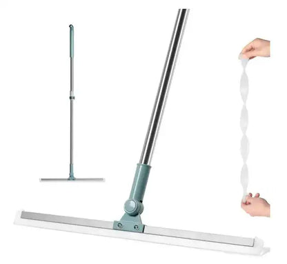 A squeegee-style floor mop with a long silver handle and a white rubber squeegee head, shown on a white background. A smaller inset shows the handle folded vertically, and a hand demonstrates pulling out a clear flexible cleaning strip.