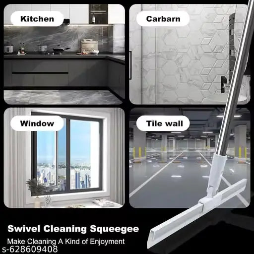 A collage showing a swivel cleaning squeegee in use on a kitchen countertop, a car barn wall, a window, and a tile wall, with a large close-up of the squeegee handle and blade in the bottom right. Text labels identify each use case.