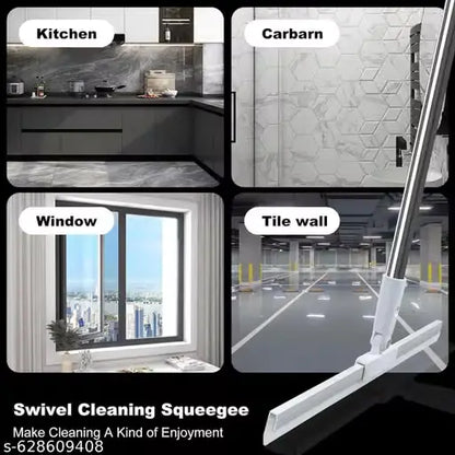 A collage showing a swivel cleaning squeegee in use on a kitchen countertop, a car barn wall, a window, and a tile wall, with a large close-up of the squeegee handle and blade in the bottom right. Text labels identify each use case.