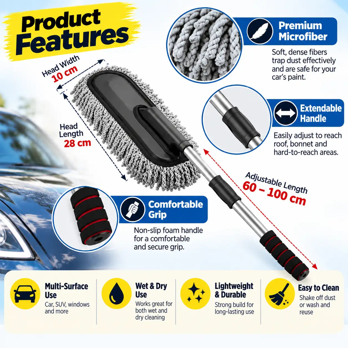 An infographic detailing the product features of a car wash duster wand. The image shows a multi-angle product diagram with a black and silver handle, gray microfiber head, and red grip accents, set against a blurred background of a shiny car.