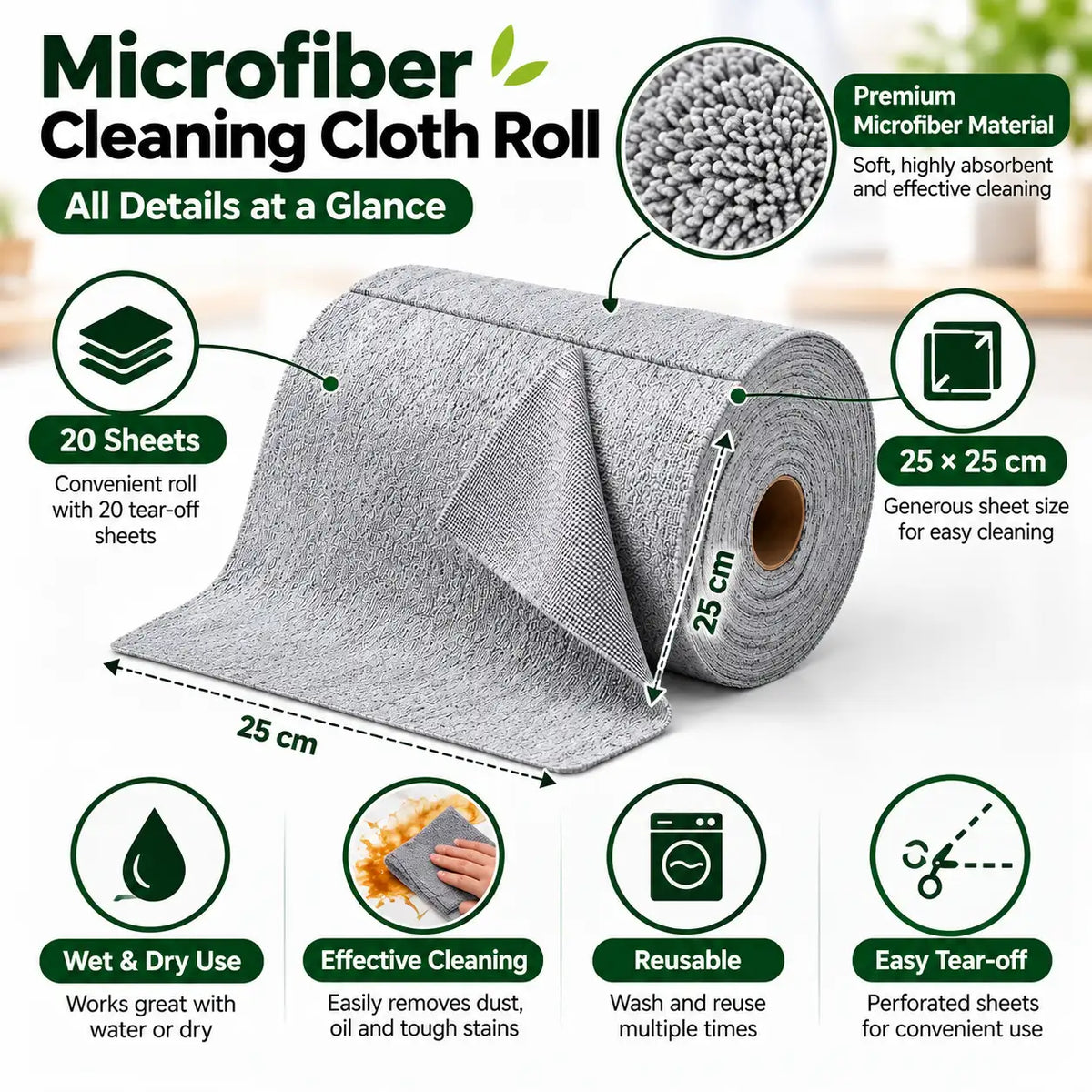 Microfiber Cleaning Cloth Roll – 20 Reusable & Washable Paper Towel Sheets