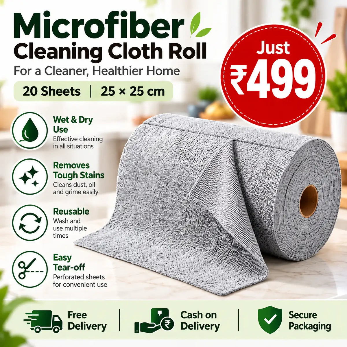 Microfiber Cleaning Cloth Roll – 20 Reusable & Washable Paper Towel Sheets