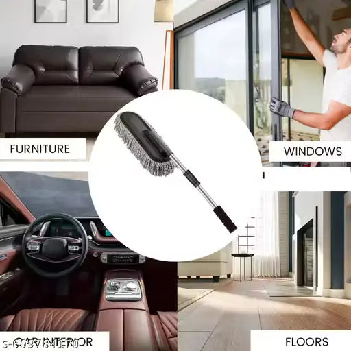 A collage showing a long-handled brush cleaner with bristles and wire bristles, surrounded by labeled examples of use: furniture, windows, car interior, and floors, on a white background.