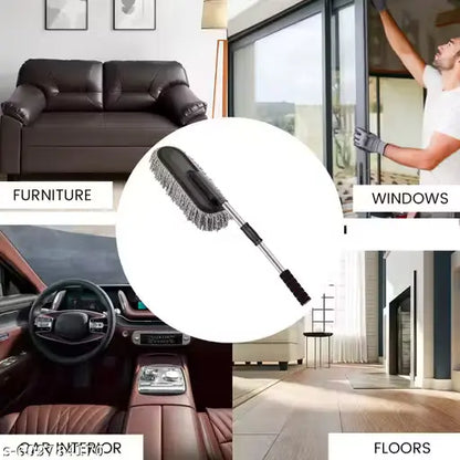 A collage showing a long-handled brush cleaner with bristles and wire bristles, surrounded by labeled examples of use: furniture, windows, car interior, and floors, on a white background.