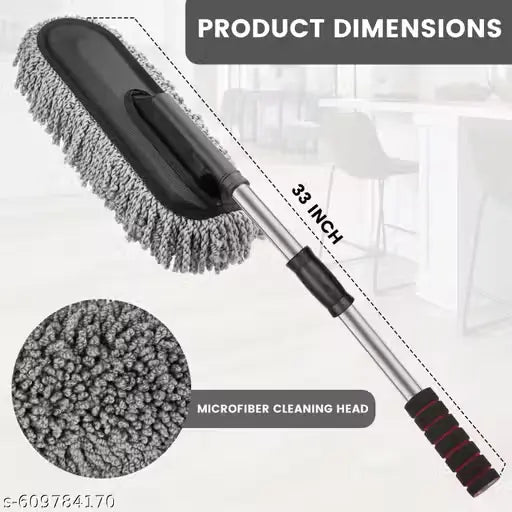 Car cleaning brush with microfiber cleaning head and product dimensions on a white background