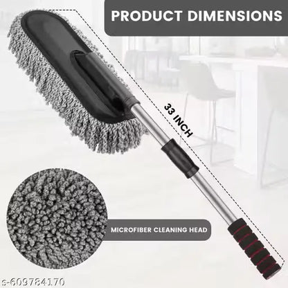 Car cleaning brush with microfiber cleaning head and product dimensions on a white background