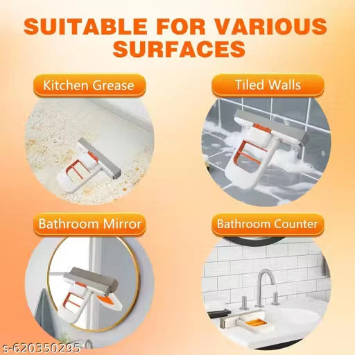 Promotional graphic showing a white and orange wall-mounted cleaning tool on four different surfaces: kitchen grease, tiled walls, bathroom mirror, and bathroom counter, with the headline 'SUITABLE FOR VARIOUS SURFACES' on an orange gradient background.