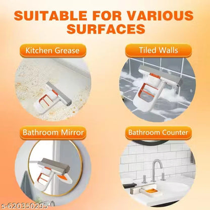 Promotional graphic showing a white and orange wall-mounted cleaning tool on four different surfaces: kitchen grease, tiled walls, bathroom mirror, and bathroom counter, with the headline 'SUITABLE FOR VARIOUS SURFACES' on an orange gradient background.