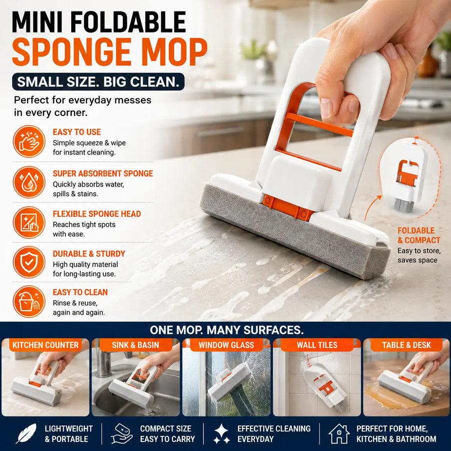 A hand is shown using a mini foldable sponge mop on a light gray kitchen countertop. The image is a promotional graphic with text callouts highlighting features such as easy use, super absorbent sponge, flexible sponge head, durable and sturdy material, and easy to clean.