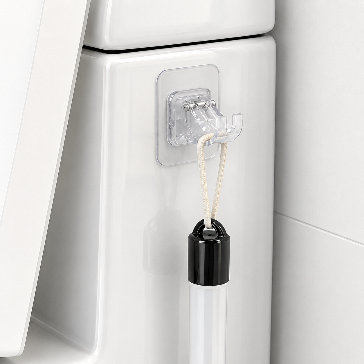 Clear adhesive hook with a black and clear bottle attached to a white surface.