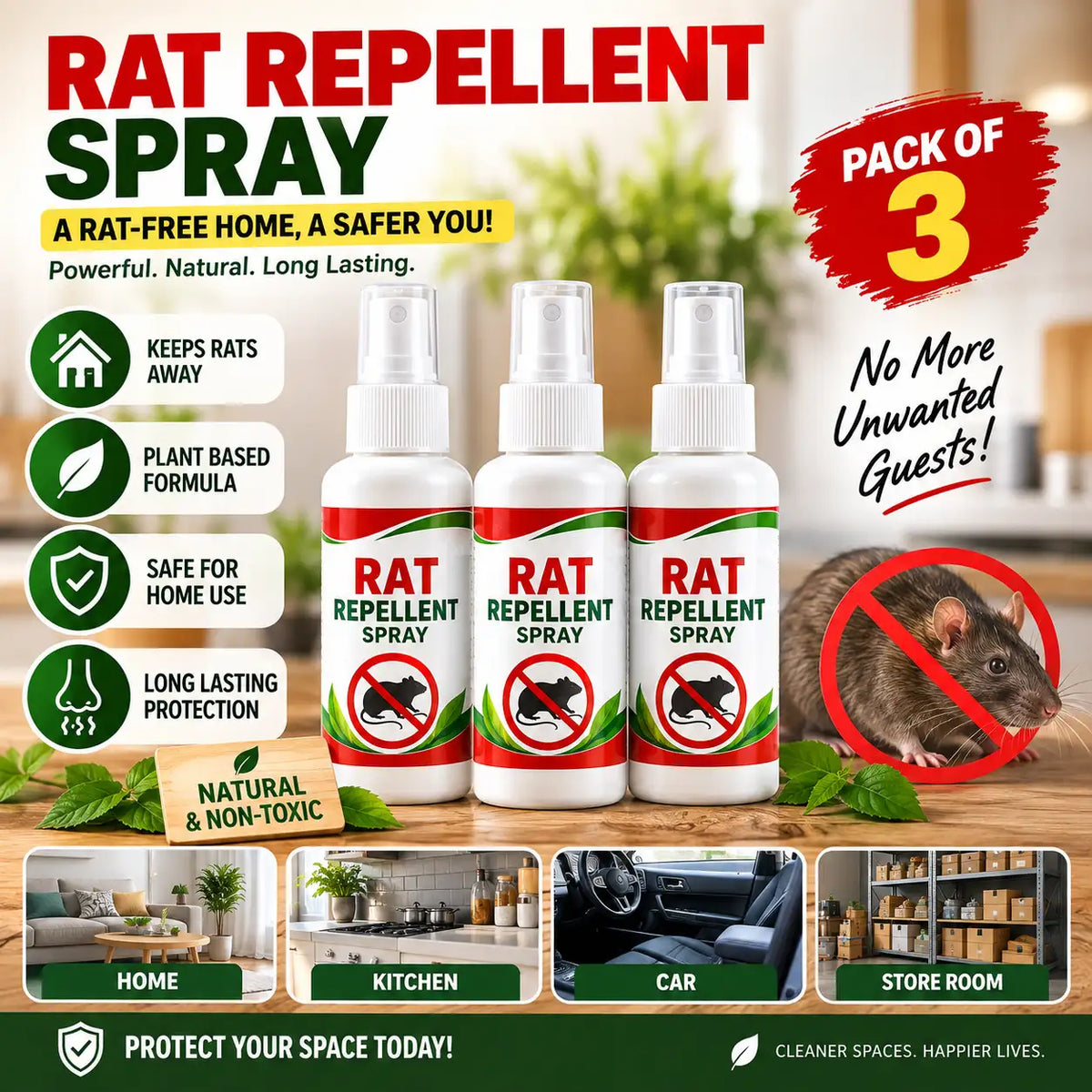 Three bottles of Rat Repellent Spray arranged on a countertop with marketing text, icons, and a photo of a rat crossed out. The image includes labels such as 'PACK OF 3', 'No More Unwanted Guests!', and usage场景 examples like home, kitchen, car, and store room.