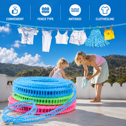 Woman and child with a pool safety hoop and clothes on a clothesline against a scenic background