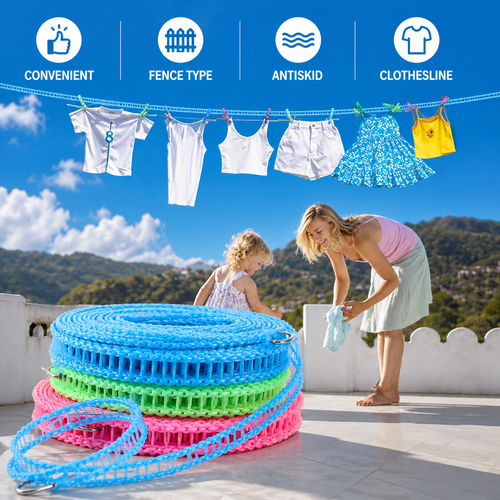 Woman and child with a pool safety hoop and clothes on a clothesline against a scenic background