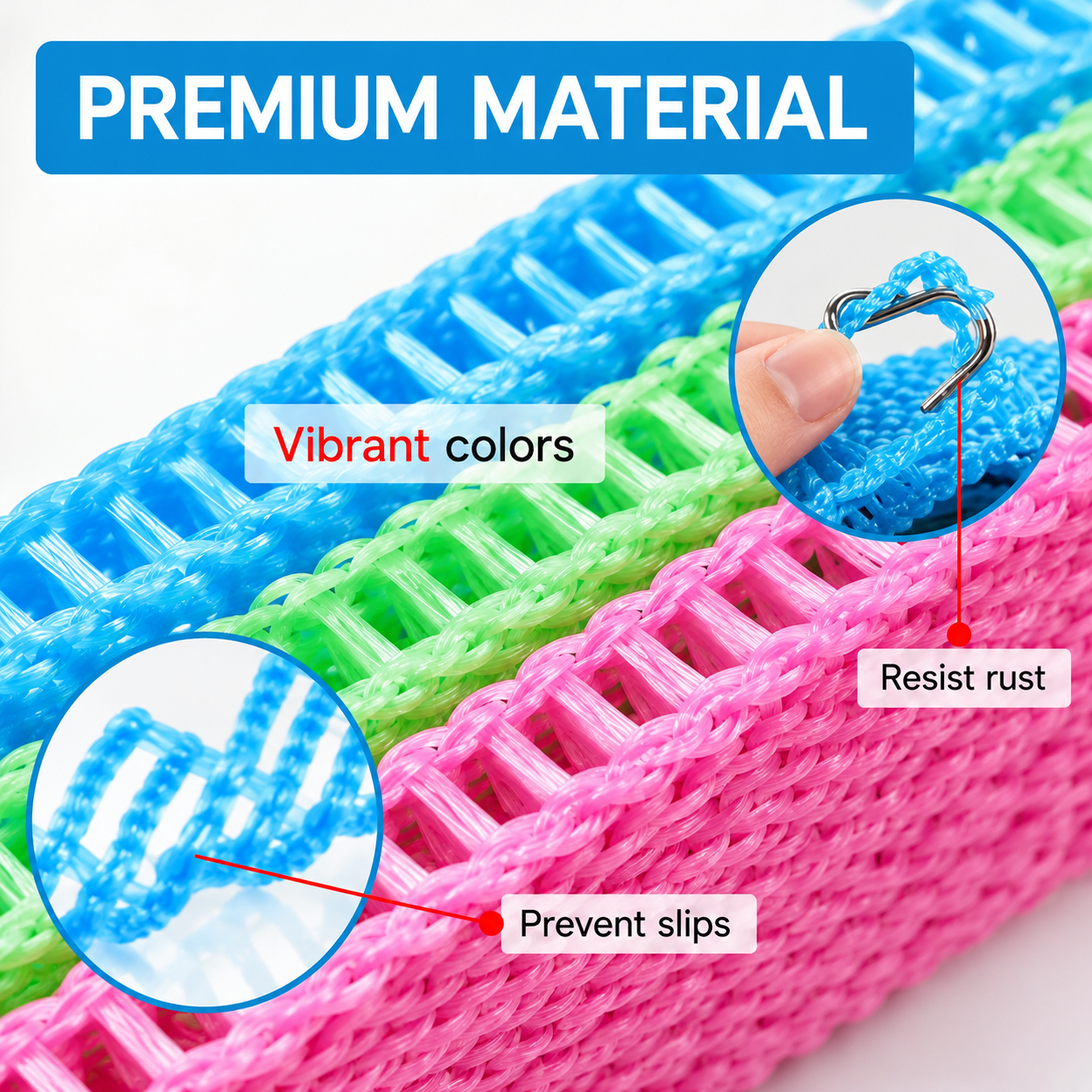 Colorful metal washboard with text highlighting premium material, vibrant colors, rust resistance, and slip prevention.
