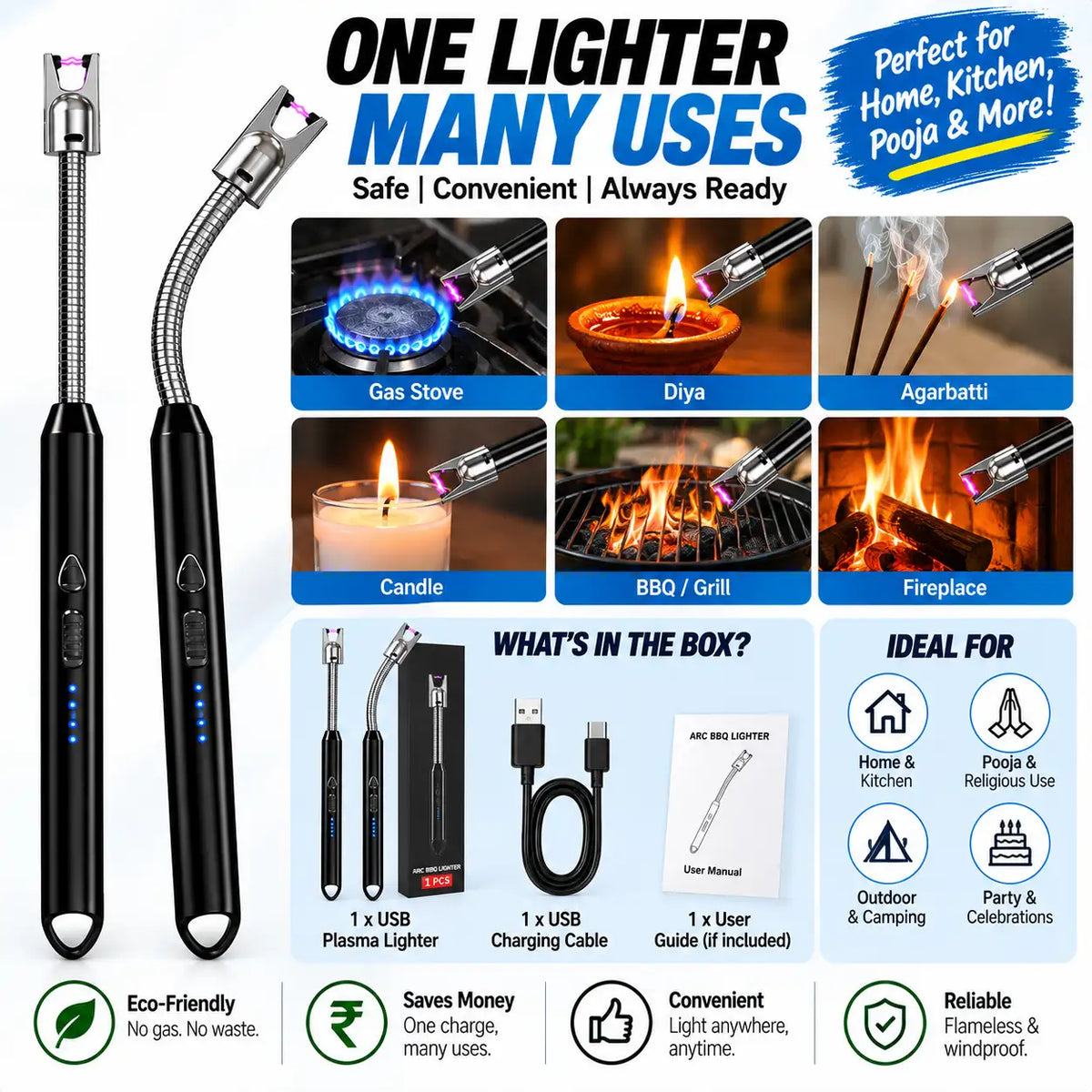 A promotional collage for a multi-use portable lighter set, showing two black handheld lighters with flexible metal necks, flame examples on gas stove, diya, agarbatti, candle, BBQ/grill, and fireplace, included accessories, and feature icons.