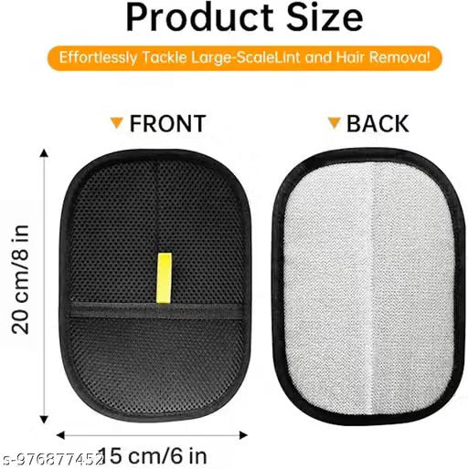 Product size diagram showing a black mesh lint and hair removal pad with a yellow pull tab, labeled FRONT and BACK, with dimensions 20 cm by 15 cm on a white background.