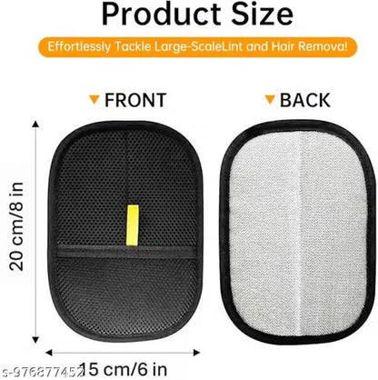 Product size diagram showing a black mesh lint and hair removal pad with a yellow pull tab, labeled FRONT and BACK, with dimensions 20 cm by 15 cm on a white background.