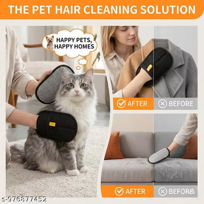 A collage-style promotional graphic for a pet hair cleaning tool. Large text at the top reads 'THE PET HAIR CLEANING SOLUTION.
