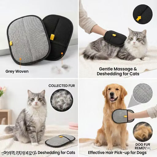 A 2x2 collage showing a pet hair remover mat in use with a cat and a dog. The top-left panel shows the grey woven and black mesh sides of the rectangular mat.