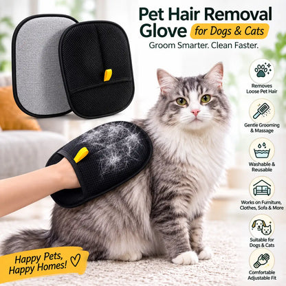A fluffy gray-and-white cat sits on a light carpet while a human hand uses a black pet hair removal glove with a yellow tab to lift pet hair. Two views of the glove are shown in the upper left, and feature icons plus text on the right describing benefits like gentle grooming, washability, and suitability for dogs and cats.