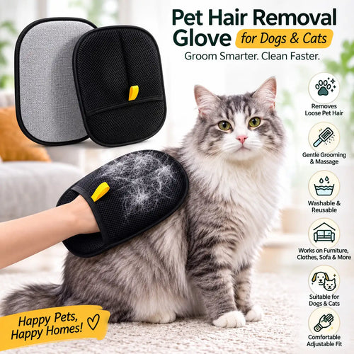 A fluffy gray-and-white cat sits on a light carpet while a human hand uses a black pet hair removal glove with a yellow tab to lift pet hair. Two views of the glove are shown in the upper left, and feature icons plus text on the right describing benefits like gentle grooming, washability, and suitability for dogs and cats.